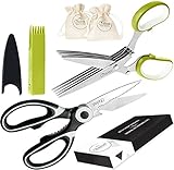 Chefast Heavy Duty Kitchen Shears and Herb Scissors Set: Combo Kit of Stainless Steel Food Scissors, 5-Blade Herb Cutter, and Two Jute Bags - Great for Meat, Poultry, Garden, Cooking and Crafts