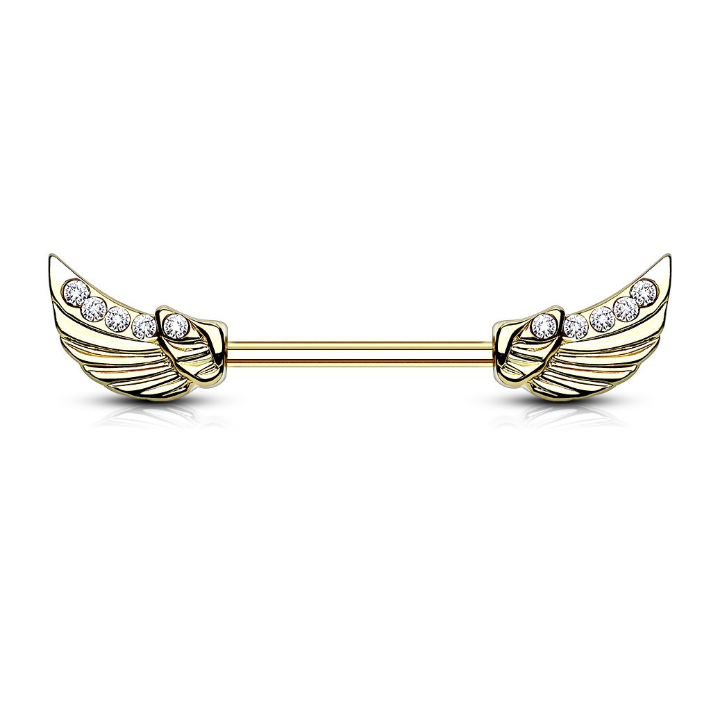 PiercedOff Gold Tone IP over 316L Surgical Steel Nipple Bar with Clear CZ Lined Angel Wings - Thickness 14GA (1.6mm) / Length 14mm / Wing Size 10mm x 5mm