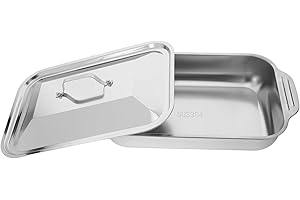 Zerodeko Stainless Steel Rectangular Deep Baking Pan with Lid for Grilling Fish and Roasting Meats Suitable f