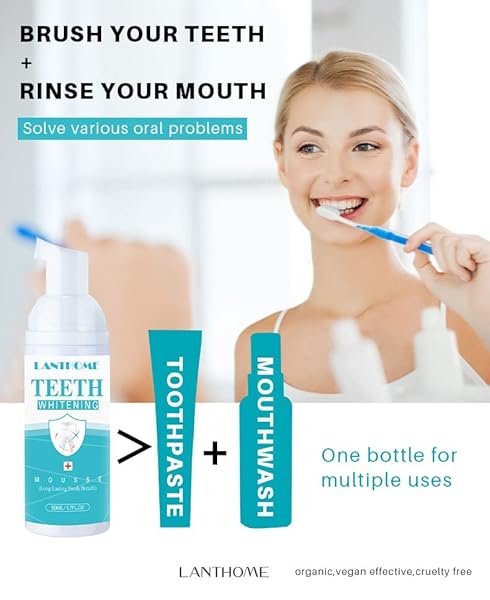 LANTHOME WHITE FOAM TEETH WHITENING PRODUCTS-TOOTH WHITENING MOUSSE, EASY TO USE TEETH WHITENER FOAM FOR WHITE TEETH,FRESHENS BREATH, WHITENS TEETH & FIGHTS BAD BREATH 50ML