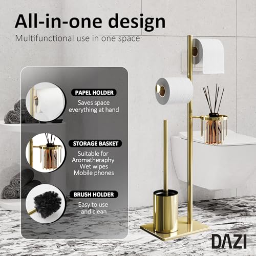 Toilet Paper Holder Set Gold Stainless Steel Freestanding Toilet Brush and Storage Basket Perfect for Organizing Bathroom with Elegance and Practicality