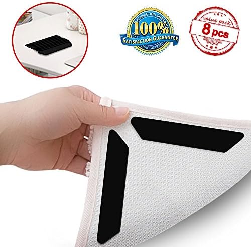 Makerfun 8 PCS Rug Grippers,Non Slip Anti Curling Sticky Carpet Stickers for Carpet Corners – Two sides Reusable Washable Carpet Anchors for Both Indoor Outdoor Flooring (Black)