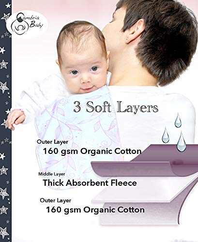 6 Pack Organic Premium Cotton Burp Cloths for Girls, Extra Large, Reversible, with 3 Layer Inner Fleece Absorbency, 10"x22", Baby Shower Gift