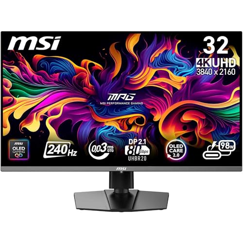 MSI, MPG 322URXDE QD-OLED, 32 , 4K UHD, 3840 x 2160, OLED, 240 Hz, 0.03 ms, DisplayHDR True Black 400, G-SYNC compatible, HDMI 2.1, DP 2.1a, USB C (98 W PD), height adjustable, black