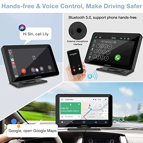 APHQUA Portable Wireless Apple Carplay and Android Auto7 Inch IPS HD Touchscreen Car Stereo