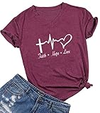 Faith Hope Love Christian T-Shirt Women Casual Letter Printed Short Sleeve Tops Tee Size M (Burgundy)