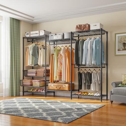 VIPEK V10 Wire Garment Rack 5 Tiers Heavy Duty Clothes Rack with Hanging Rods, Wire Shelves & 2 Slid Storage Baskets, Large Size Clothing Rack 68.9" W x 15.7" D x 76.4" H, Max Load 920 LBS, Black