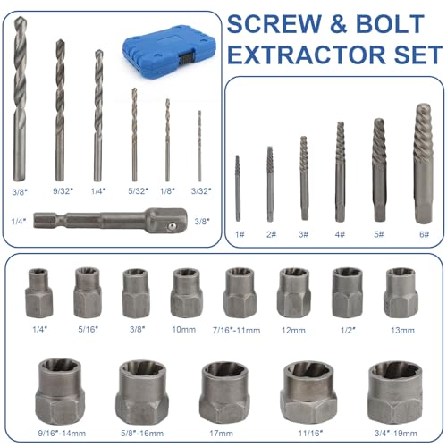 26 Pieces Anti-Theft Screw Nut Extractor Set, Chrome Steel with Hex Adapter, Broken Bolt Extractor for Removing Bolts, Nuts and Screws