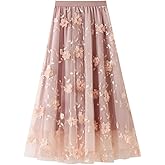 SUNYUESTAR Womens Floral Midi Skirt High Waisted A Line Cute Layered Fairy Mesh Tulle Pleated Skirt