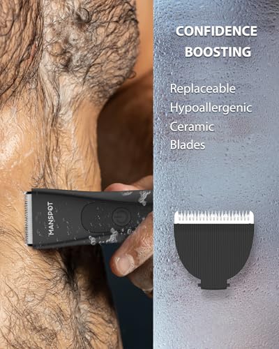 MANSPOT Trimmers for Men, Electric Body Hair Shaver for Men, Groin & Ball Trimmer with 4 Guards, Replaceable Ceramic Blade Heads, Wet & Dry Cordless Trimmer, 90-Minute Shaving Machine