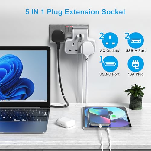 TOPREK Multi Plug Adaptor, Double Plug Adapter UK, 2USB-A & 1USB-C Extension Socket, Slim Wall Extension socket for Home, Office, Kitchen