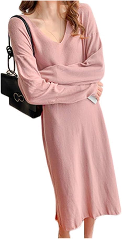 Amazon Co Jp ｄｍｂｉｎｓｈｕｎ ワンピース レディース 秋冬 ニットワンピース ロング Vネック 長袖 フレアワンピース 体型カバー 着痩せ Aライン 無地 きれいめ ニットワンピ 普段着 通勤 Freesizeピンク 服 ファッション小物