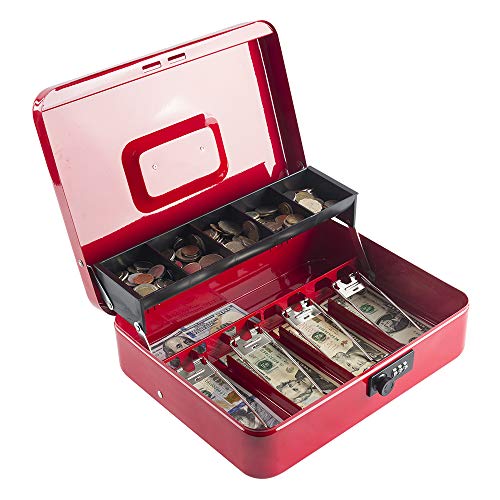 Money Box with Combination Lock, Metal Cash Box with Money Tray, Cash Register,5 Compartments Cantilever Tray & 4 Spring-Loaded Clips for Bills,11.81"x 9.45"x 3.54" Red