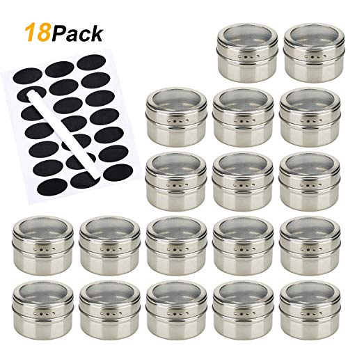 18 Magnetic spice tins-stainless steel storage spice containers include spice label and pen,Clear Top Lid with Sift or Pour,Magnetic on Refrigerator and Grill By Ruckae