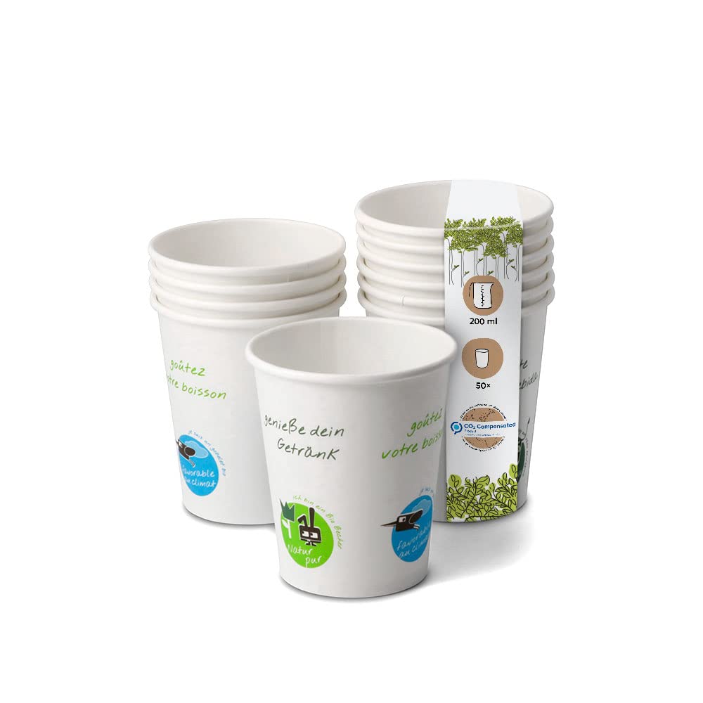 BIOZOYG 50x Disposable Coffee Cups 200 ml / 8 oz, Ø 80 mm White with Environmental Motifs - Paper Cups for hot Drinks Plastic-Free - Coffee Cups Disposable