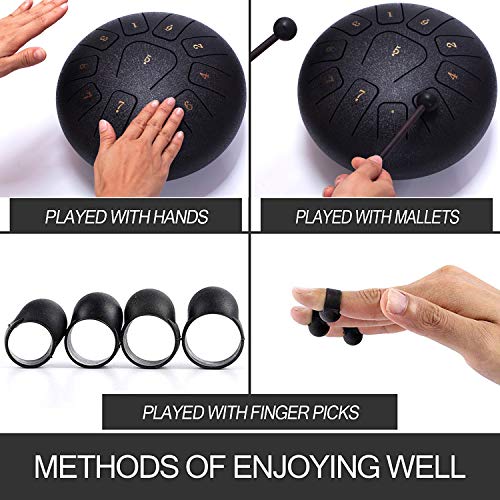 Steel Drum Tank Drum Standard 11 Key 11 Notes 10 Inch Percussion Instrument with Drum Mallets and Carry Bag (10 inch, Hammer Black)