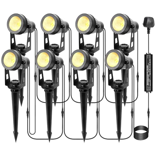 ECOWHO Garden Lights Mains, 27m 8-in-1 LED Outdoor Spotlights with Adapter, IP65 Waterproof Outdoor Spike Lights 12V Low Voltage Garden Lighting 2700K Electric Pathway Lighting for Lawn, Yard, Patio