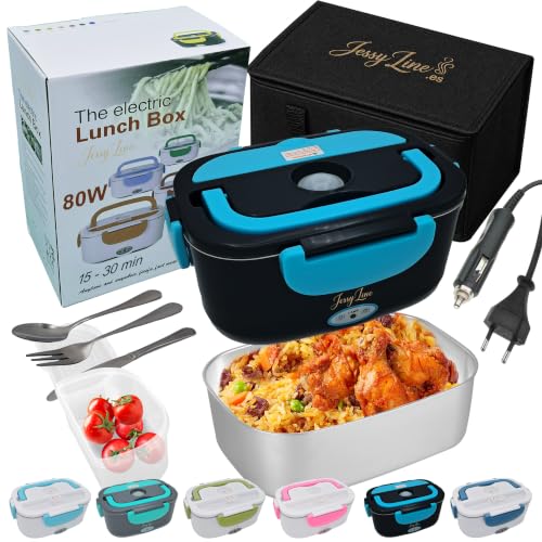 JessyLine Professional and Elegant Portable Electric Lunch Box 80W 12V/24V/220V Multifunction Car Truck Office Heat Fast Food Taper Container Stainless Steel 1.5L Simple Black and Light Blue