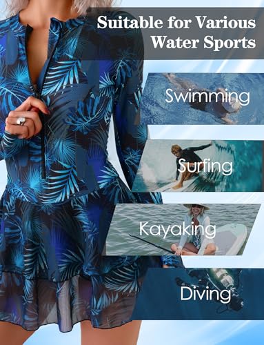 SEAUR Women Long Sleeve One Piece Skirted Swimsuit Zip Up Rash Guard Printed Modest Bathing Suits Ladies Padded Quick Drying Swimming Dress with Built in Shorts