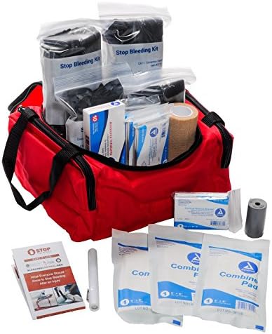 MFASCOStop The Bleed Trauma Kit 4 Pack - Red Bag with STAT Tourniquet - Fully Stocked First Responder, EMT, & Military First Aid Trauma Bags - Emergency Medical Kit for Trauma