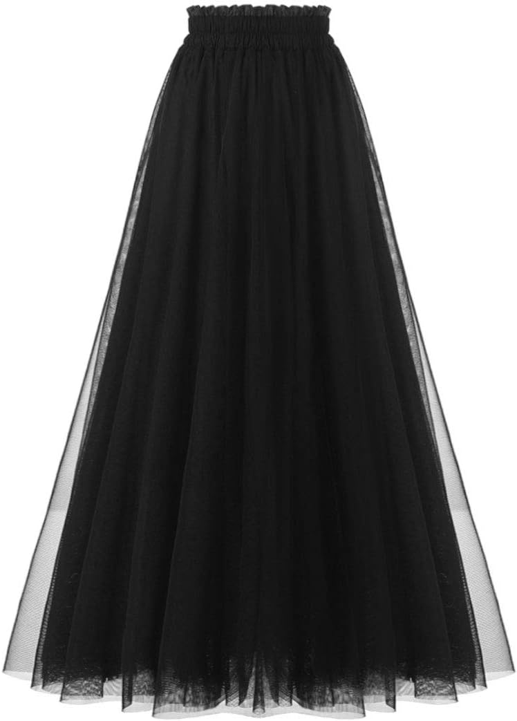 OBBUE Women's A Line Tulle Party Evening Tutu Skirts Tea Length Black-S/M-1