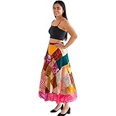YILLE Boho Sari Silk Vintage Patchwork Wraparound Long Skirt for Women Ethnic Tie Waist Gypsy Skirt Multicolor Asymmetrical Free Size, Ethnic Fashion for Any Occasion and Casual Outings (Pack of 1)