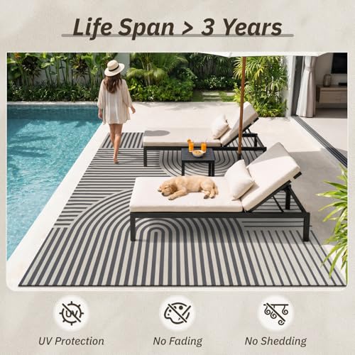 Engiw-Outdoor Rug-Patio Rug 9x12 Textured Weave Machine Washable Quick Dry Outdoor Carpet Braided Boho Non Slip Indoor Outdoor Rug for Deck Porch Balcony Backyard Blackish Grey