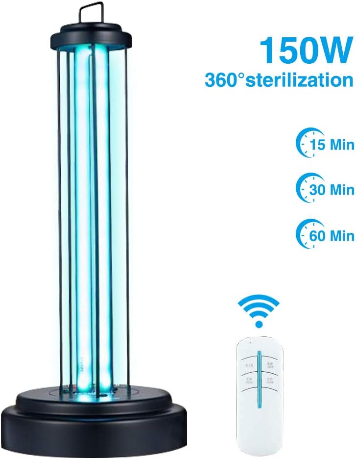 WangO UV Germicidal 150W Household UV Light Sanitizer Disinfection, Remote Control Third Gear Timing Ozone-Free Lights Cleaner Ultraviolet for Home Kitchen Bedroom & Hospital, Human Safety