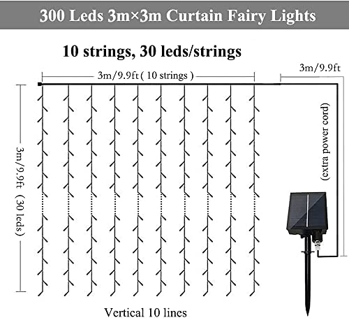Chipark Solar Curtain Lights, Upgraded Garden Fairy Lights 300 LED 8 Modes Remote Control Waterproof Solar Fairy Lights Outdoor Curtain String Lights for Gazebo Patio Party Festival Decorations(Warm)