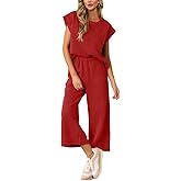 AGSEEM Two Piece Sets for Women Summer Short Sleeve Lounge Sets Cropped Wide Pants Outfits Loungewear Beach Vacation Clothes