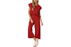 AGSEEM Two Piece Sets for Women Summer Short Sleeve Lounge Sets Cropped Wide Pants Outfits Loungewear Beach Vacation Clothes