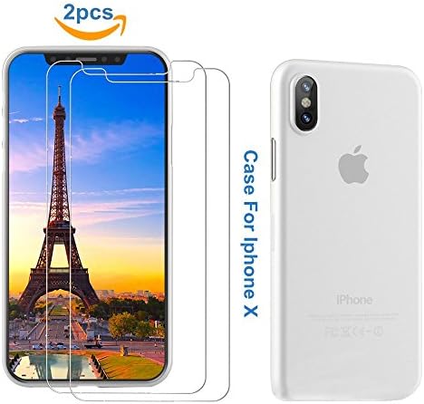 ZLXC iPhone X Screen Protector Case Friendly Tempered Glass (2 pack) + Tuch Case Slim Matte Finish Flexible for iPhone X cover