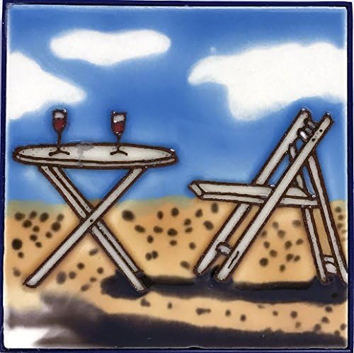 1 , BEACH , with CLOUDS, TABLE , CHAIR, DRINKS , Decorative Tile, Art on a Ceramic Tile, about, 4" X 4" X .25", +29A2.4+