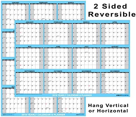 SwiftGlimpse Medium 18" x 24" Erasable Laminated 2018 Wall Calendar Poster, 2-Sided Horizontal/Vertical Reversible, 12 Month Yearly Annual Planner