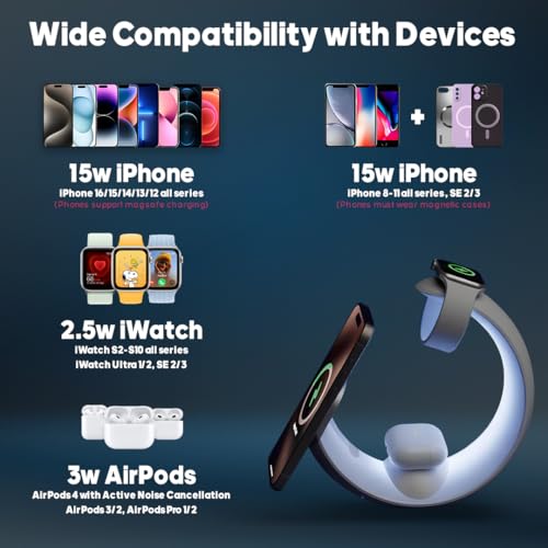 AMROAH 2025 Moon 4 in 1 Wireless Charging Station for Smart Phone Headphones Watch, Multiple Devices Wireless Charger for iPhone 17 16 15 14 13 12 Series, Airpods Pro, Apple Watch