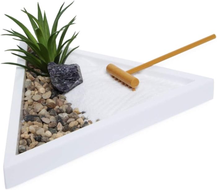 Desktop Mini Meditation Zen Garden Tray for Stress Relief - 7 by 6 inch - with Salt Rock, Faux Succulent, Natural Rocks, Rake, and Sand