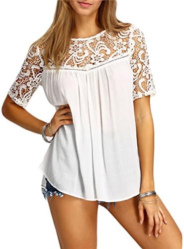 HRYKJ Womens Lace Crochet Loose Short Sleeve Blouse Criss Cross Casual Tops (L, White)