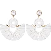 Viva Joya Large Boho Raffia Fan Tassel Drop Dangle Earrings for Women, Handmade Lightweight Woven Beach Statement Jewelry
