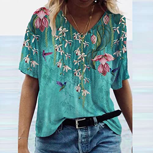 Plus Size Tops for Women Summer Short Sleeve Tops V Neck Casual Workout T Shirts Loose Floral Tunic Basic Tees Henley Tops