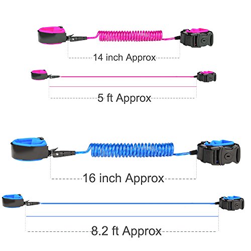 Anti Lost Wrist Link 2 Pack Comfort Padded Wristband Child Safety Walking Strap Leash with Lock Durable Steel Cable Pink & Blue(4.9ft & 8.2ft) for Girls,Boys