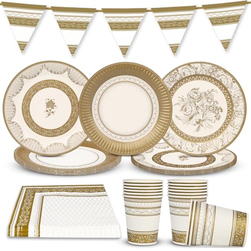 Talking Tables Décorations de fête dorées pour 16 personnes, banderoles, assiettes en papier, serviettes jetables, tasses, service de table pour Noël, anniversaire d'or, mariage, thé de l'après-midi