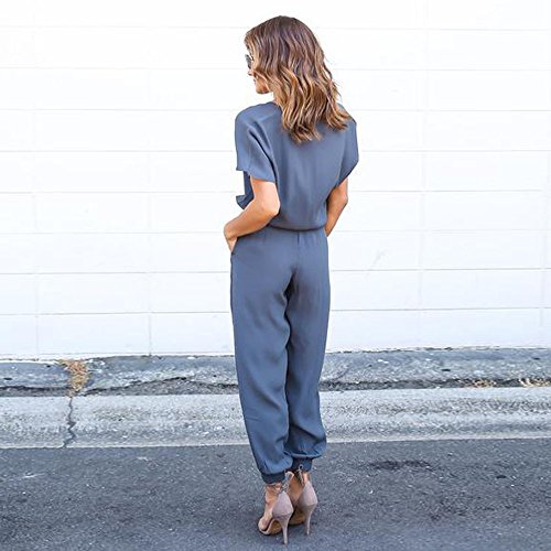 Chanyuhui Jumpsuits for Women Solid V Neck Long Pants Bandage Clubwear Romper Jumpsuit Bodysuit (L, Blue)