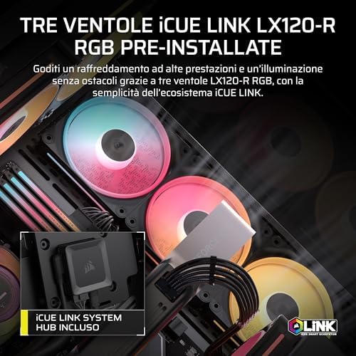 3500X LX-R RGB iCUE LINK Case PC Mid-Tower Panoramico – 3 Ventole LX120-R RGB Preinstallate, Include Hub di Sistema iCUE LINK, Fino a 10 Ventole da 120mm – Nero