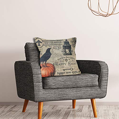 Motiloo 4 Pieces 18x18 Inch Pillow Covers Halloween Decoeative Pillow Covers Square Soft Cotton Linen, Home Decor Cushion Covers Crow Pumpkin Skull Owl Throw Pillowcases for Sofa Bed
