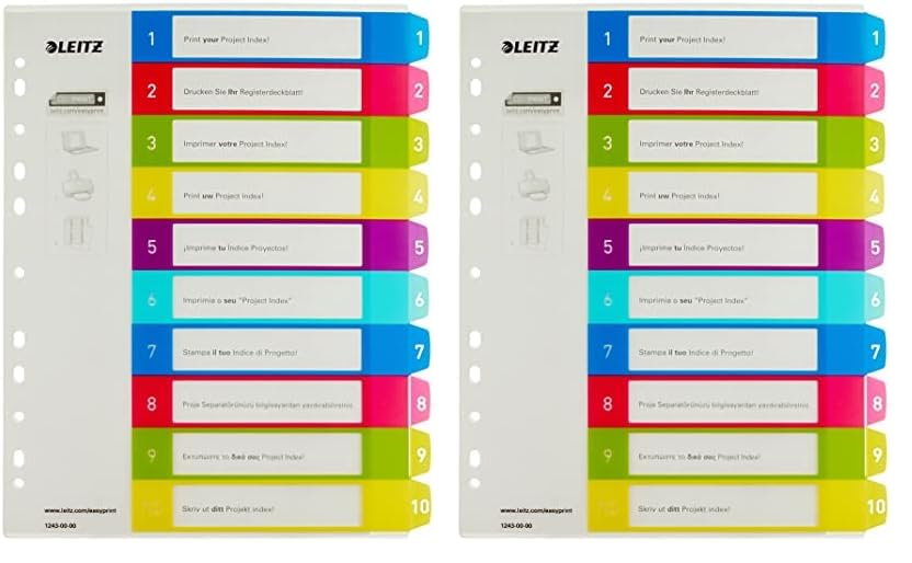 Leitz A4 12430000 Wow 1-10 Index, PC-Printable, Extra Wide, Heavy Duty Plastic, Multicolour (Pack of 2) — image 1