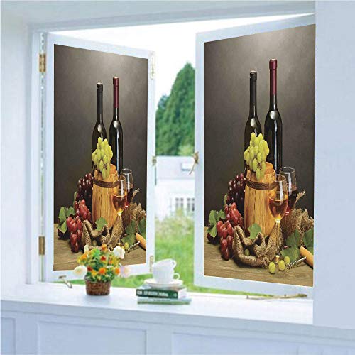Decorative Privacy Window Film/Barrel Bottles and Glasses of Wine and Ripe Grapes on Wooden Table Decorative Picture/No-Glue Self Static Cling for Home Bedroom Bathroom Kitchen Office Decor Multi