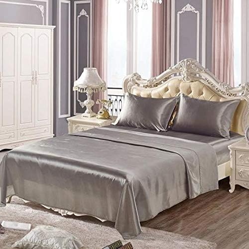 Cloud Fino 4 Pc Silk Satin Sheets Set | Silk Satin Fitted Sheet | Silk Satin Flat Sheet | Silk Pillowcase | 4 Pc Silk Satin Sheet Set | Hotel Quality Silky Soft Luxurious !!!! King, Silver Grey