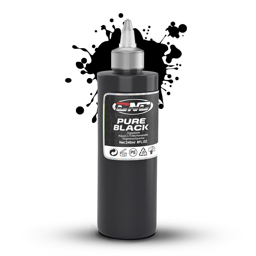 CNC 8oz Black Tattoo Ink Set 240ml Pure Black Vegan Friendly Tattoo Supplies for Lining, Shading, Tribal and Blending TI6003-240-001