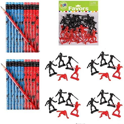 Awesome Ninja Warrior Party Favors 60 piece - 2 Dozen (24) Fun NINJA PENCILS & 36 NINJA ACTION FIGURES - Party Favors - Student Rewards Giveaways Karate/Martial Arts/Theme