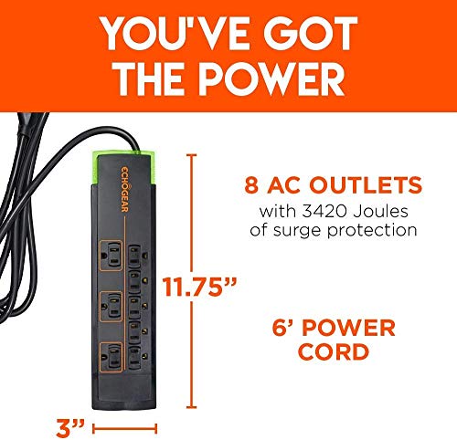 Echogear Low Profile Surge Protector Power Strip with 8 Outlets - Quality Surge Suppressor with 3420 - //coolthings.us